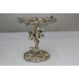 A silver plated table centre in the form of a spreading oak tree with deer beneath (lacks bowl),