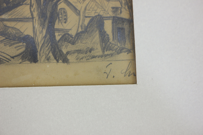 20th century school, pencil sketch of a house viewed through trees, indistinctly signed J Lin?, 7. - Image 2 of 2