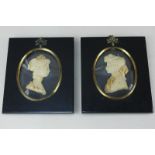 A pair of miniature wax profile portraits, of young lady and a young boy, 9.5cm by 7cm (a/f)