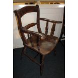 A 19th century bar back carver chair, with elm wood seat, on turned supports and legs