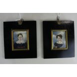 A pair of Victorian miniature portraits of a young boy and girl, on ivory, 6.8cm by 5.5cm (a/f - one