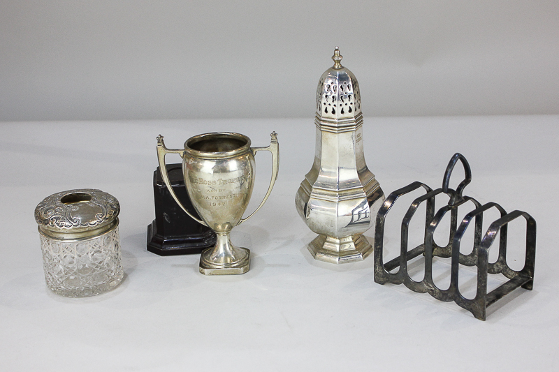 A modern silver sugar caster, baluster shape, maker W I Broadway and Co, Birmingham 1974, a George