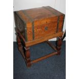 A brass mounted rectangular oak casket on stand, 46cm