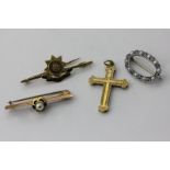 A sapphire and split pearl oval brooch, a pearl bar brooch, a regimented bar brooch, a gold cross