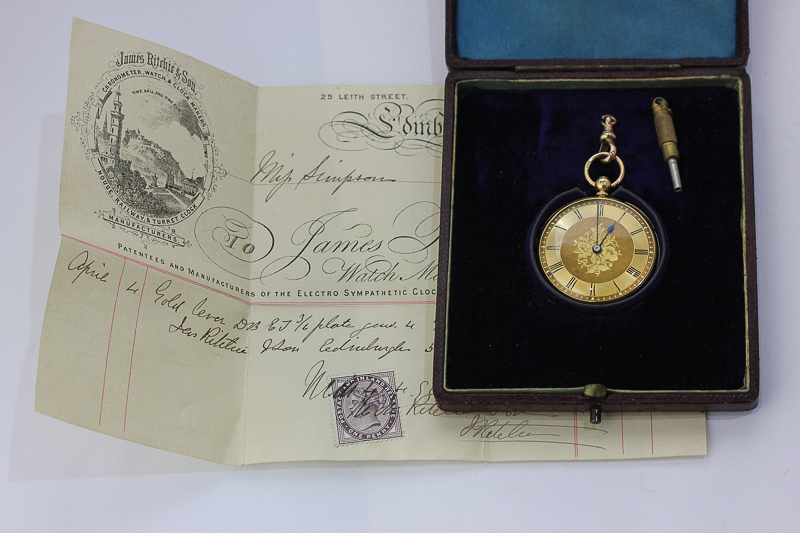 A lady's 18ct gold fob watch, the movement signed Ritchie & Sons, Edinburgh, in an engine turned