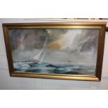 John Scanes, sailing boat beneath stormy skies, distant cliffs, oil on board, signed and dated 72,
