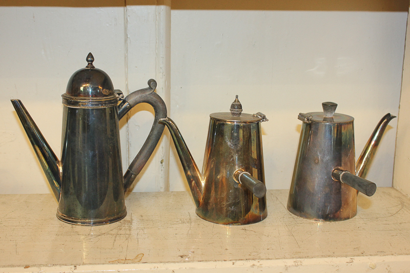 A pair of Mappin & Webb silver plated chocolate pots, a small coffee pot, crumpet dish and cover, - Image 2 of 4