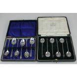 A cased set of six George VI silver bean handled coffee spoons, maker Mappin & Webb, Sheffield, 1945