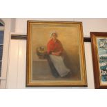 19th century school, Breton woman dressed in a white bonnet and red shawl seated beside a pitcher,