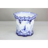 A Royal Crown Derby blue and white porcelain vase, six sided form with frilled rim, decorated with