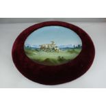 A very large porcelain plaque depicting goats in mountainous landscape, in red velvet frame, 39cm