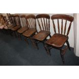 A set of four and two similar farmhouse kitchen dining chairs, four with ring turned spindle