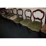 Three pairs of similar Victorian balloon back dining chairs, seats with matching green upholstery,