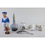 A Lladro porcelain figure of a cow (a/f),17cm, a Beswick robin, a Royal Copenhagen fish, 16cm, a Lla