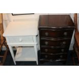 A reproduction mahogany small chest of four serpentine drawers with ring handles, on bracket base,