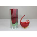 A 20th century glass vase, white, red and green interior with clear glass exterior, 26cm high,