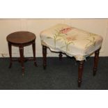 A rectangular upholstered mahogany framed stool on turned legs, together with a circular mahogany