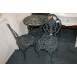 A black painted metal cafe style garden table, 60cm, and two chairs