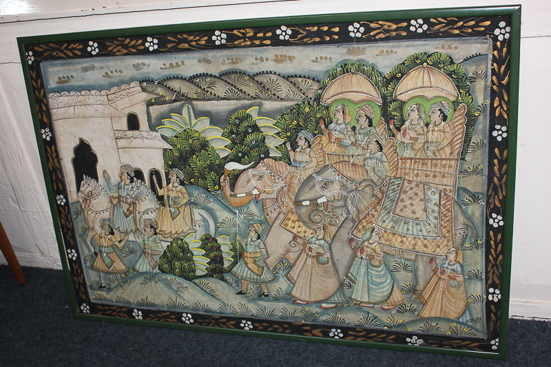 An 'Indian' scene panel, depicting an elephant procession, 80cm by 120cm (a/f)