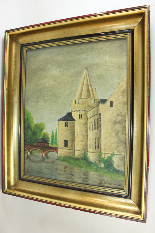 20th century European school, castle with bridge beside a river, oil on canvas, indistinctly