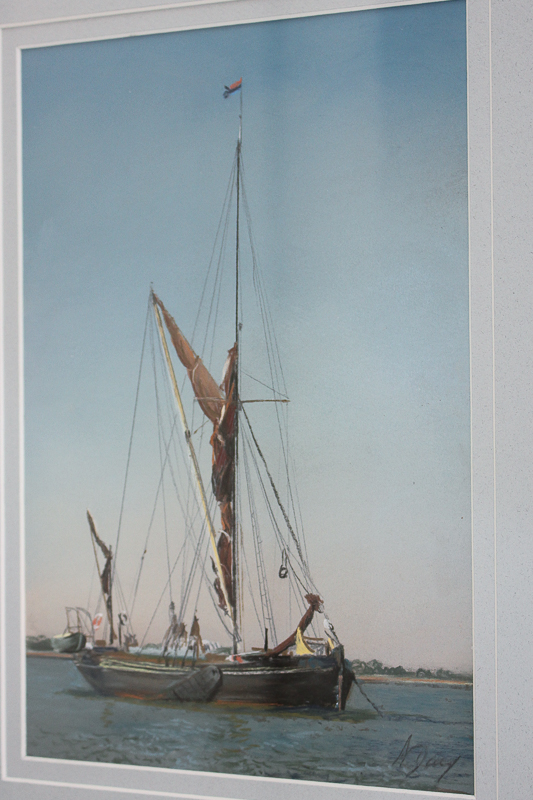 A H Davy (20th century), sailing boat beneath blue skies, 'Marine 3', gouache, signed, paper label - Image 2 of 3