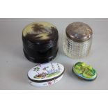 A white enamel oval dressing table box, the lid decorated with a garden, 7.5cm, a Limoges pot with