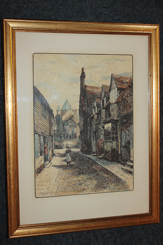 Edward Slocombe (1850-1915), figures on a cobbled street, church beyond, 'Rye, coloured etching,