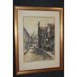 Edward Slocombe (1850-1915), figures on a cobbled street, church beyond, 'Rye, coloured etching,