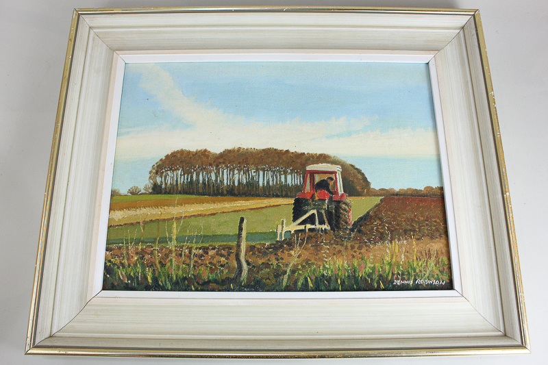 Dennis Robinson, local interest, tractor ploughing, possibly Stoke Clump, West Sussex, oil on