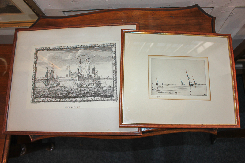 A J Bound, coastal view of sailing boats, etching, signed in pencil, 10cm by 15cm, and a