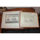 A J Bound, coastal view of sailing boats, etching, signed in pencil, 10cm by 15cm, and a