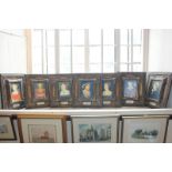 Seven colour prints depicting Henry VIII and his six wives, each ornately framed, 34cm by 29.5cm