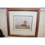 Late 19th / early 20th century school, fishing boat at sea, distant coastline, watercolour,