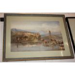 Continental School, Fishermen in boats, buildings and mountains beyond, coloured print, 35cm by