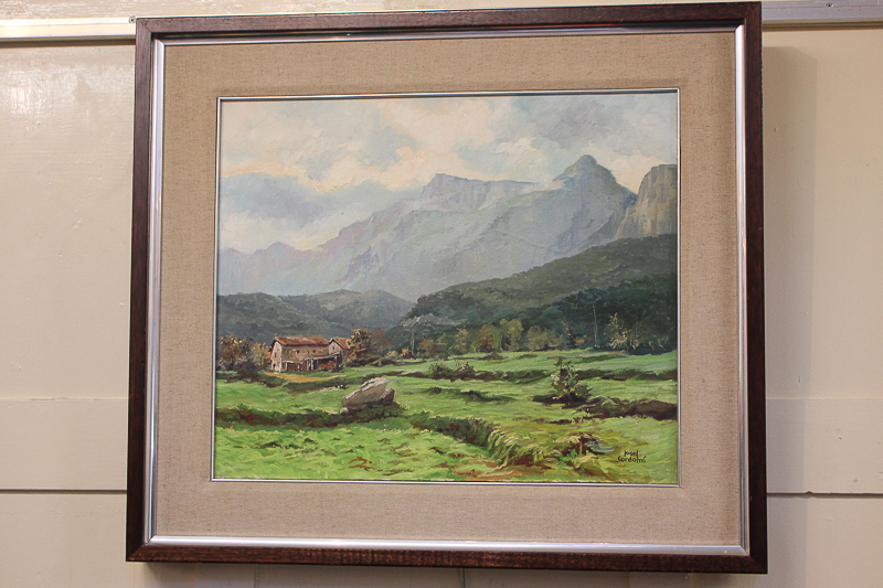 Joan F Cordomi (Catalan school), mountain landscape with farm buildings, oil on canvas, signed, 45cm