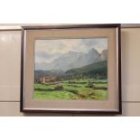 Joan F Cordomi (Catalan school), mountain landscape with farm buildings, oil on canvas, signed, 45cm