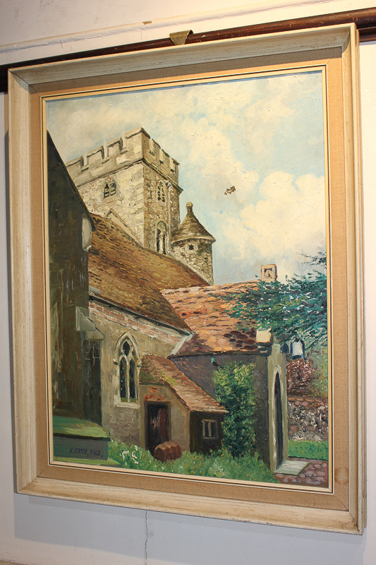 R Kenyon, country church, oil on canvas, signed and dated 1962, Reading Fine Art Gallery paper label