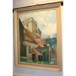 R Kenyon, country church, oil on canvas, signed and dated 1962, Reading Fine Art Gallery paper label