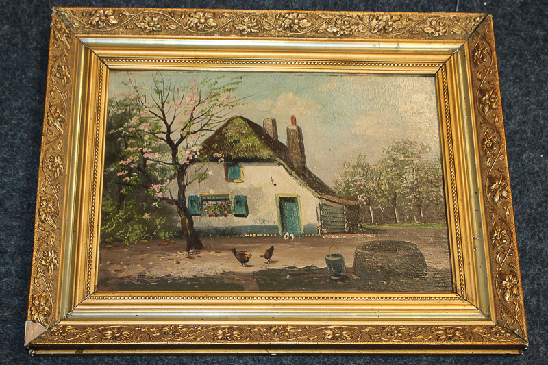 Early 20th century (possibly Dutch school), farmhouse with trees in blossom, oil on board, 23cm by