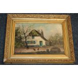 Early 20th century (possibly Dutch school), farmhouse with trees in blossom, oil on board, 23cm by