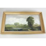 20th century English school, rural view of village and church across fields with grazing cattle,