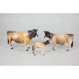 Three Beswick models of Jersey cattle, comprising a Jersey bull 'Ch Dunsley Coy Boy', gloss, 11.9cm,
