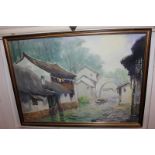 Chinese school, figures on a Chinese gondola, sailing through a village, watercolour, character