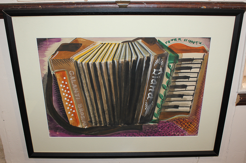 Peter Hunt, folk art, study of an accordion, watercolour, signed, 33cm by 49cm