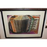 Peter Hunt, folk art, study of an accordion, watercolour, signed, 33cm by 49cm