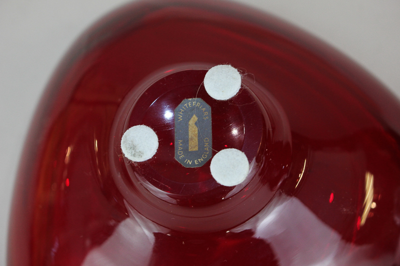 A pair of Whitefriars ruby red glass bowls of trigonal form, designed by Geoffrey Baxter (pattern - Image 2 of 2