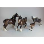 Two Beswick models of brown shire horses, one cantering, the other standing, a foal, also in gloss