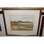20th century school, harbour view, distant trees and hills, possibly Pagham, watercolour,