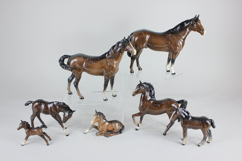 Six Beswick models of horses, comprising a 'quarter horse', brown gloss, 21cm, a 'swish tail horse',