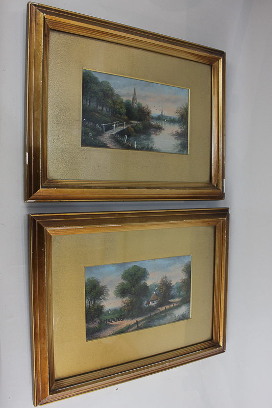 H C Heffer, two rural views of a church and thatched cottage beside a river, oil on board, signed,
